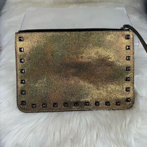 REBECCA MINKOFF KERRY STUDDED GOLD GLITTER CLUTCH BAG